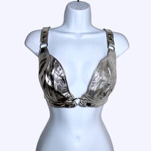 CRASH GEAR New York Custom Silver Genuine Leather Bra 36D Buckle Snaps Rock Punk